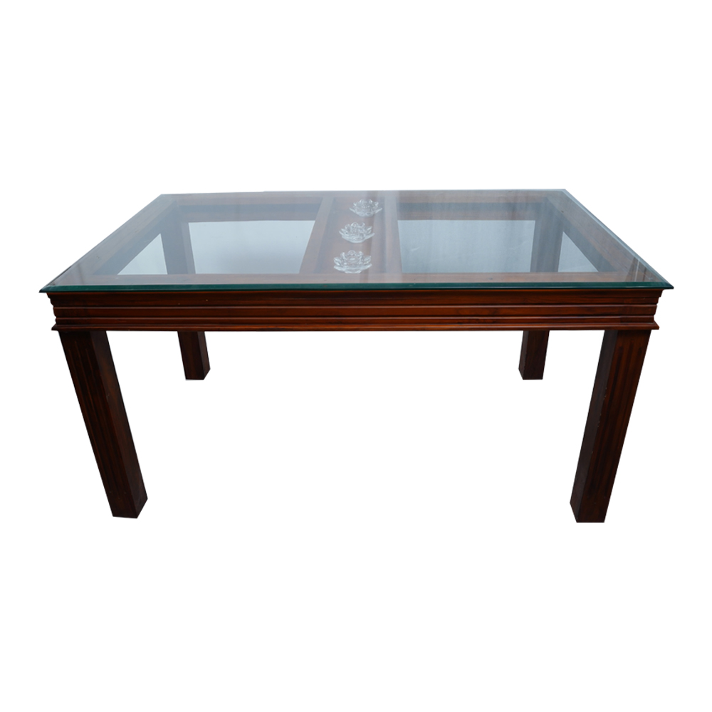 Amaze Plain Glass Top Dining Table in Teak Wood