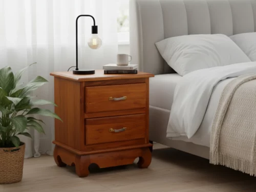 Teak finish bedside table with two drawers, dual-tone metal handles, and curved legs in a classic design