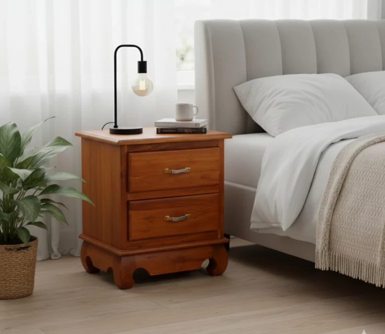 Teak finish bedside table with two drawers, dual-tone metal handles, and curved legs in a classic design