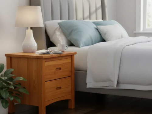 Solid imported teak wood box bedside table with two drawers and natural finish