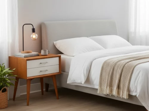 Teak wood bedside table with two white MDF drawers, metal handles, and tapered legs in mid-century modern design