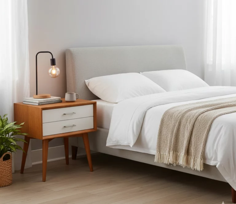 Teak wood bedside table with two white MDF drawers, metal handles, and tapered legs in mid-century modern design