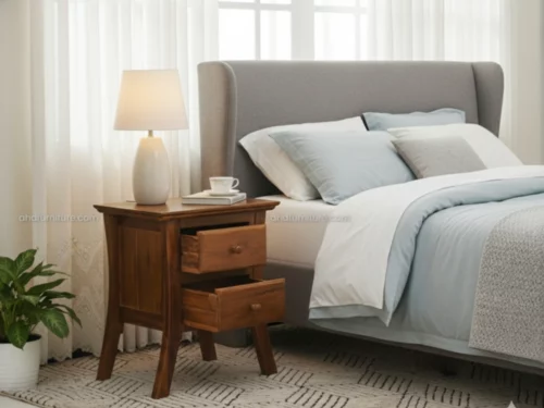 Solid Teak Wood Box-Type Bedside Table with two drawers and a natural golden-brown finish.