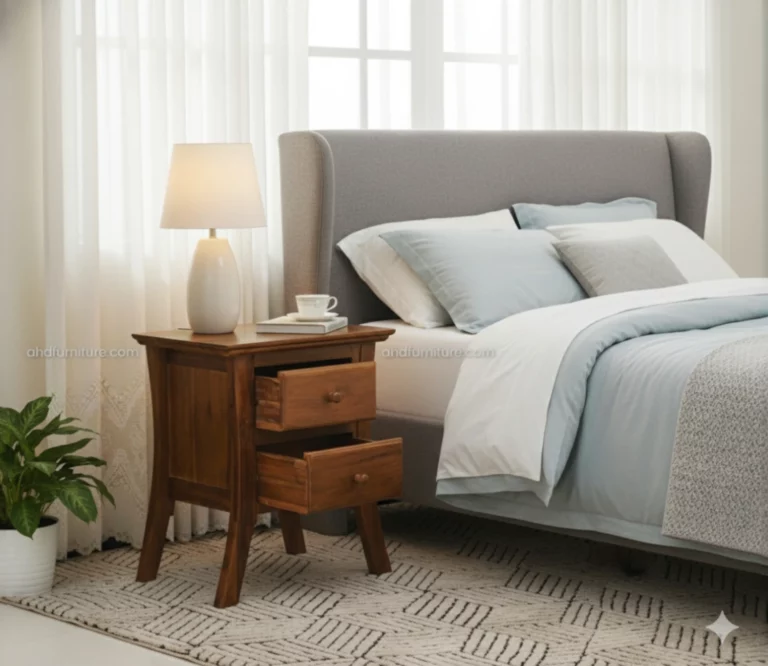 Solid Teak Wood Box-Type Bedside Table with two drawers and a natural golden-brown finish.