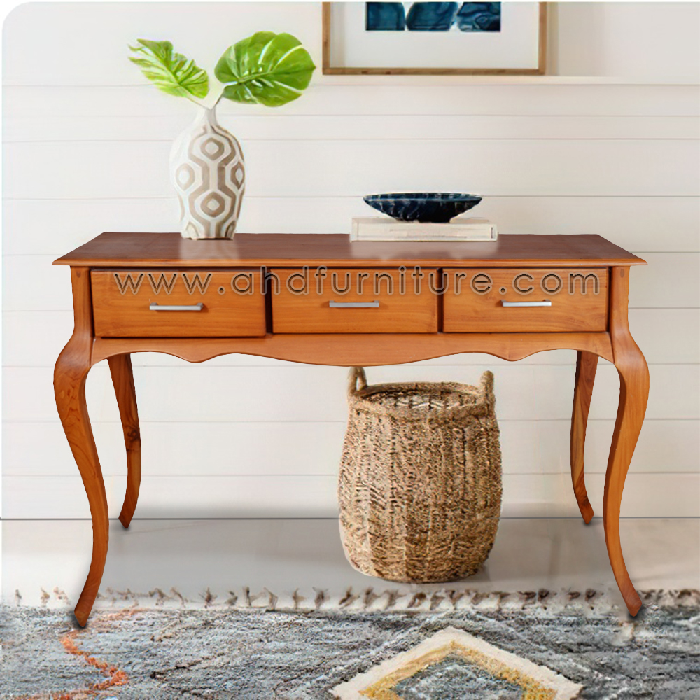 Console Table with 3 Drawers with Bend Leg in Imported Teak