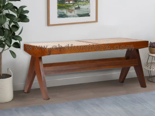 Triangle Legs Cane Dining Bench in Teak Wood