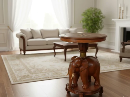 Handcrafted elephant pedestal table with Kerala teak top, teak and rosewood inlay, and acacia wood elephant base"