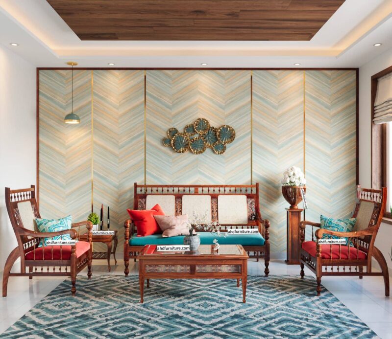 Heritage Teak Wooden Cane Sofa, Fabric Upholstery, High Density Spring Cushion, Handcrafted, Termite Resistant - Image 2