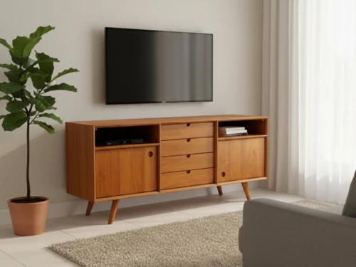 Contemporary natural wood media console with vertical storage and clean lines
