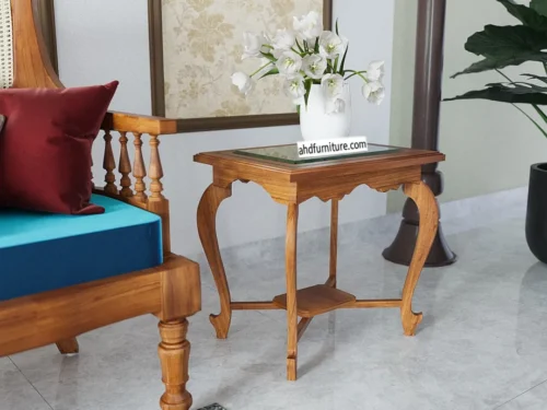 Bend Leg with Glass Top Teapoy in Teak Wood