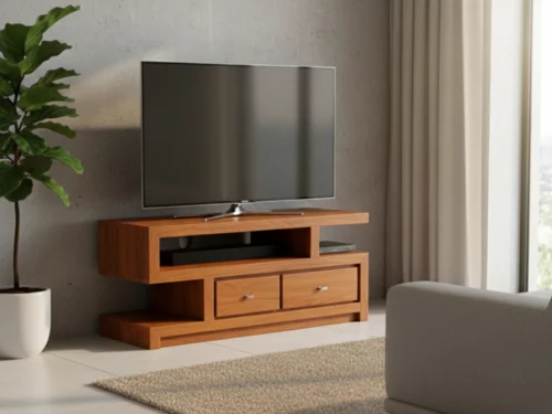 Contemporary engineered wood media console with asymmetrical open and closed storage.