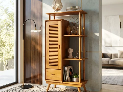 Wooden Warm Teak Slatted Display Cabinet Bookshelf 3