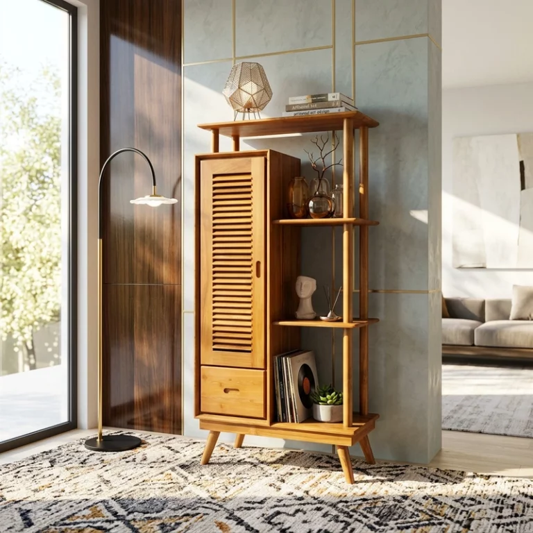 Wooden Warm Teak Slatted Display Cabinet Bookshelf 3
