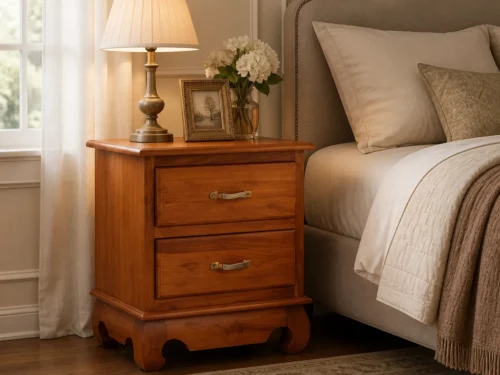 Imported teak bedside table with two drawers, dual-tone metal handles and curved legs in a warm bedroom interior