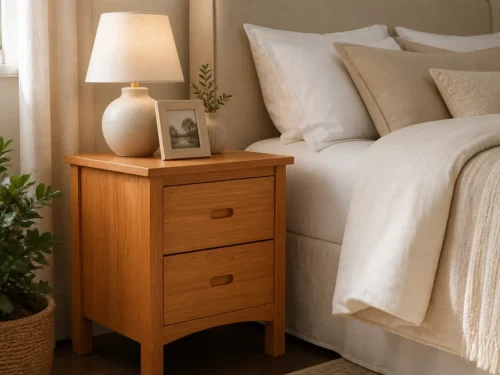 Imported teak wood box type bedside table with two drawers beside a bed in a warm bedroom