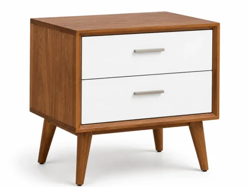 Teak wood bedside table with two white MDF drawers, metal handles, and tapered legs in mid-century modern design