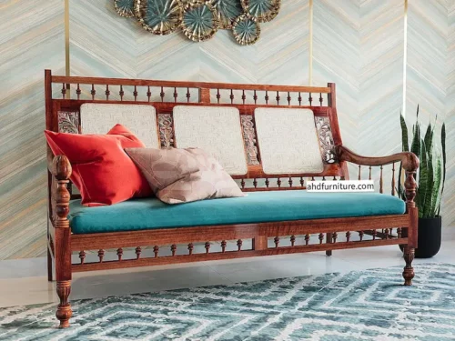 Heritage sofa set in teak wood, hand-weaving cane work on back side, sleek hand rest, grassy work, suede fabric