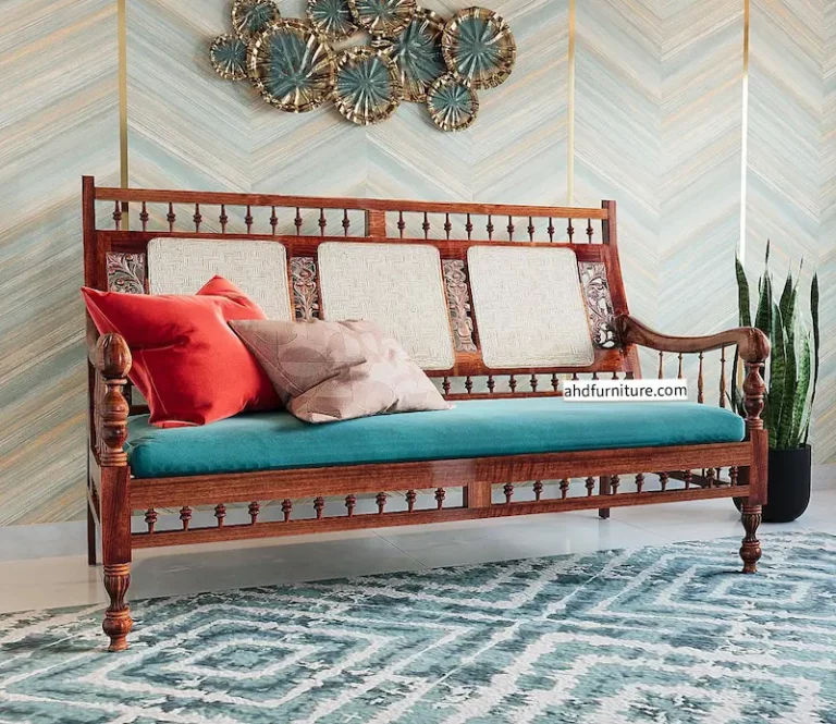 Heritage sofa set in teak wood, hand-weaving cane work on back side, sleek hand rest, grassy work, suede fabric