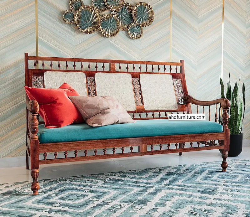 Heritage sofa set in teak wood, hand-weaving cane work on back side, sleek hand rest, grassy work, suede fabric
