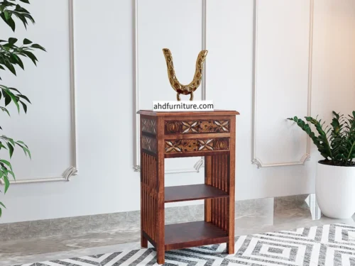 Carved Telephone Stand with 2 Drawers in Imported Teak