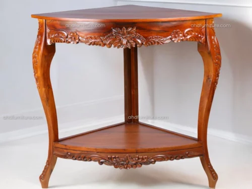 Flower Carved Corner Foyer Table in Teak Wood