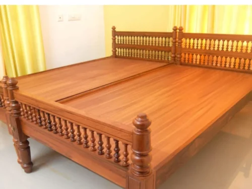 Cot With 2 Layer Grassy Work Single Size Bed in Teak Wood