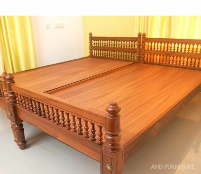 Cot With 2 Layer Grassy Work Single Size Bed in Teak Wood