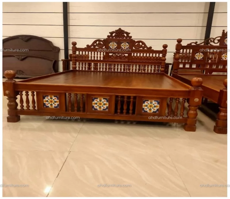 Head Kadachil Work with Tile Queen Size Bed in Teak Wood