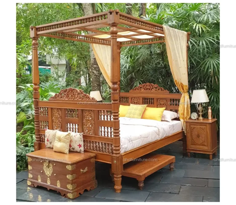 Poster Cot Vintage Kadachil Work Queen Size Bed in Teak Wood