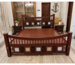 Simple Kadachil work with Tile Queen Size Bed in Teak Wood