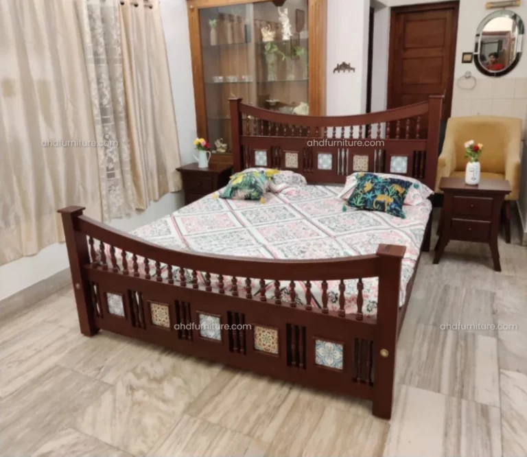 Simple Kadachil work with Tile Queen Size Bed in Teak Wood