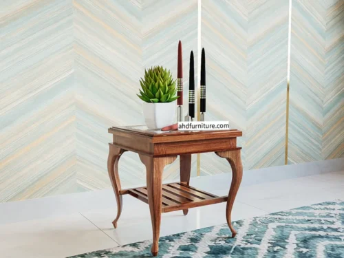 Heritage Side Table Bend Legs Hole Cane Work in Teak Wood