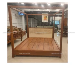 Poster Cot with Head Cane Work Queen Size Bed in Teak Wood