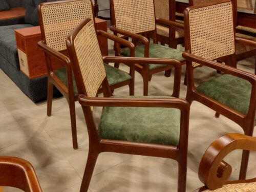 Dining Chair with Armrest and Cane Work in Teak Wood