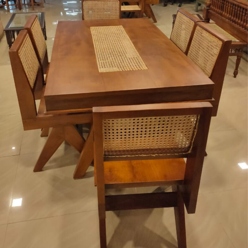 Square Wooden Top with Center Cane Dining Table Sets in Teak Wood