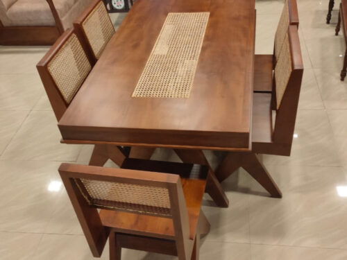Square Wooden Top with Center Cane Dining Table Sets in Teak Wood