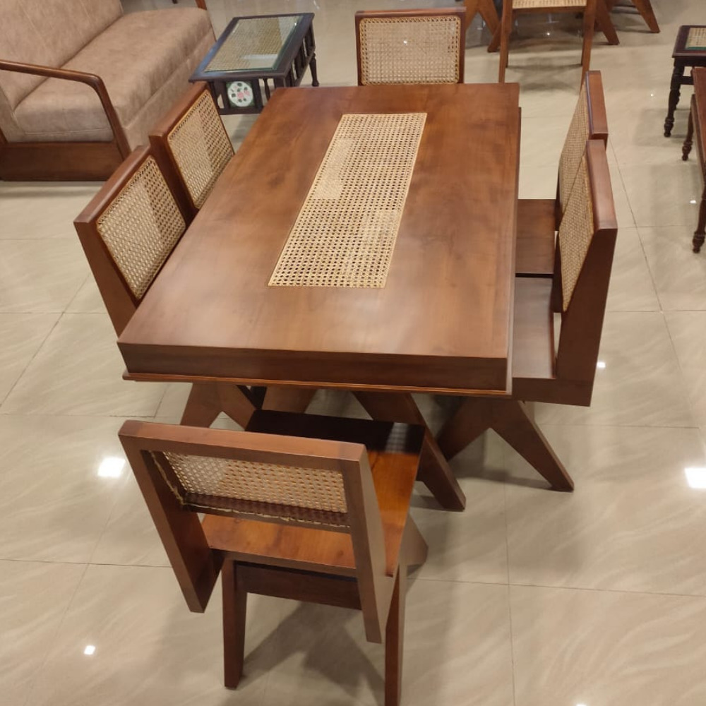 Square Wooden Top with Center Cane Dining Table Sets in Teak Wood
