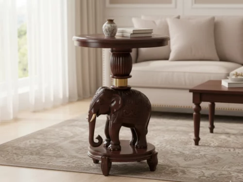 Handcrafted elephant pedestal table with Kerala rosewood top, teak and rosewood inlay, and acacia wood elephant base"
