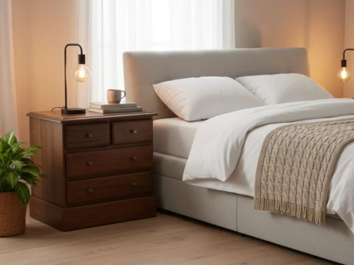 Teakwood bedside table with five drawers, round metal knobs, and polished finish in classic Boston design