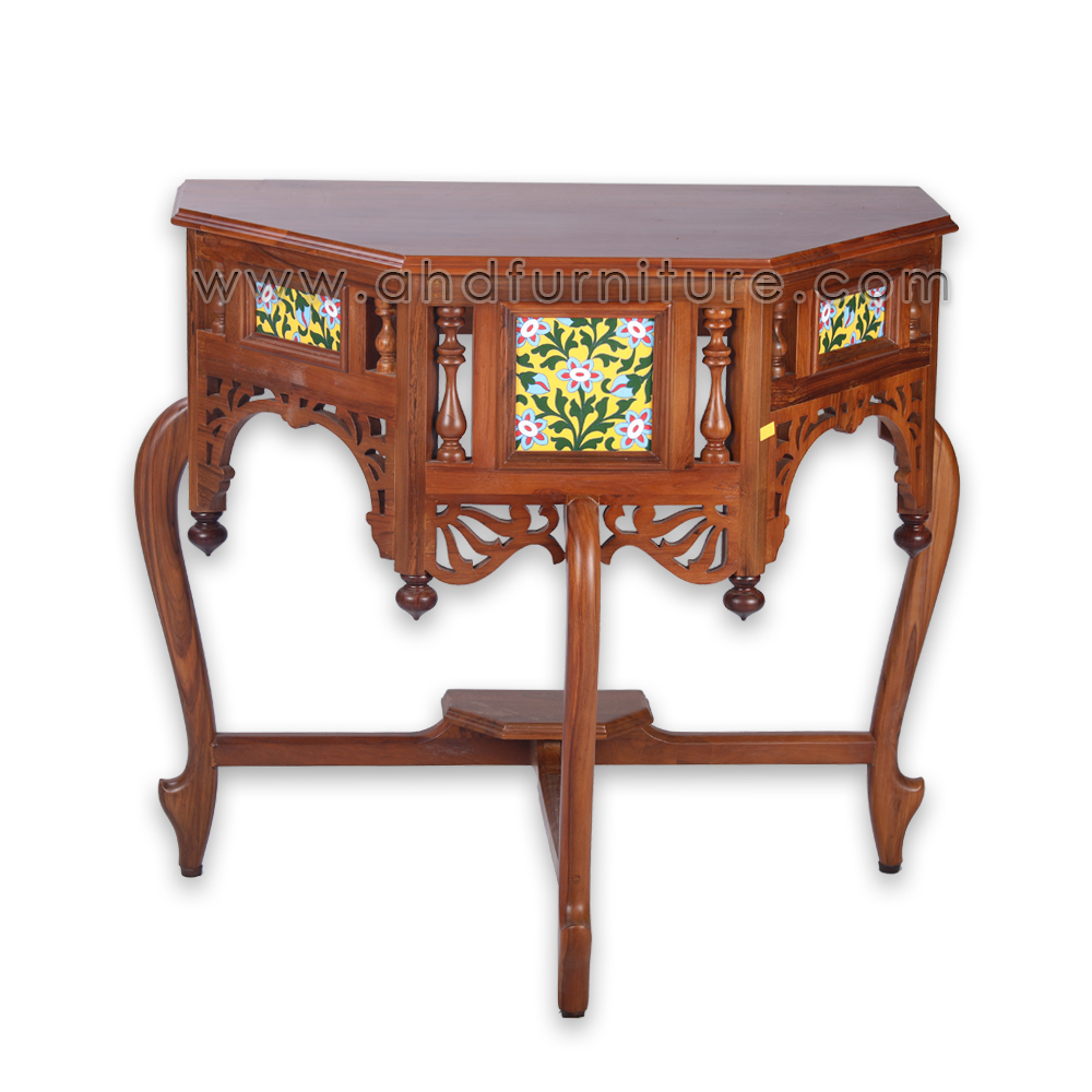 Octo Console Table with Tile and Kadachil Work in Teak Wood