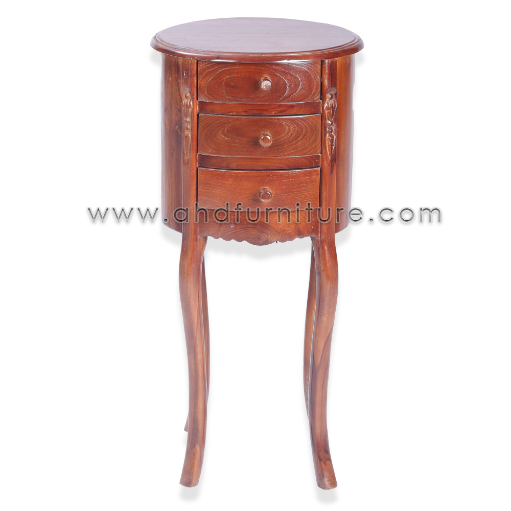 Round Stand with 3 Drawers in Imported Teak