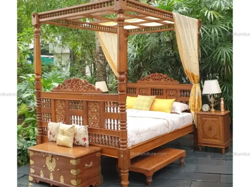 Poster Cot Vintage Kadachil Work King Size Bed in Teak Wood