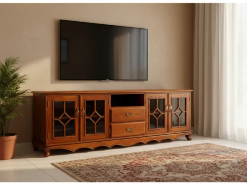 Ornate traditional style wooden media cabinet with glass inserts and dark finish