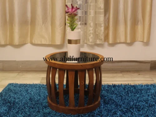 Round Side Table With Reaper And Glass In Imorted Teakwood
