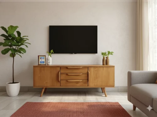 Modern natural wood media console with ample storage and sleek design.