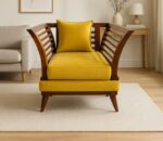 Legend Wings Teak Wooden Sofa, Yellow Fabric Upholstery, High Density Spring Cushion, Handcrafted, Termite Resistant - Image 7