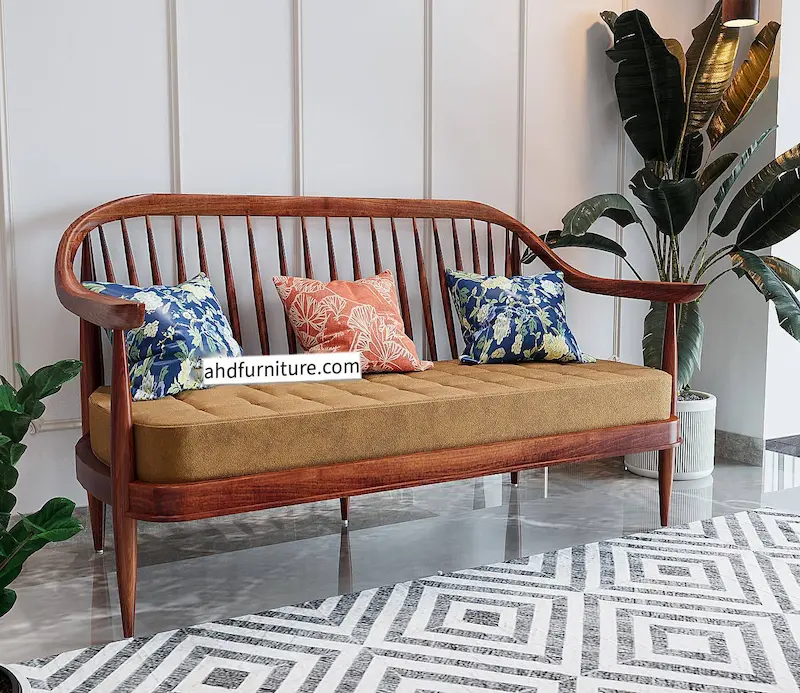 Alankar Sofa set in teak wood, sleek curved design, grill work on back side, solid legs, suede fabric