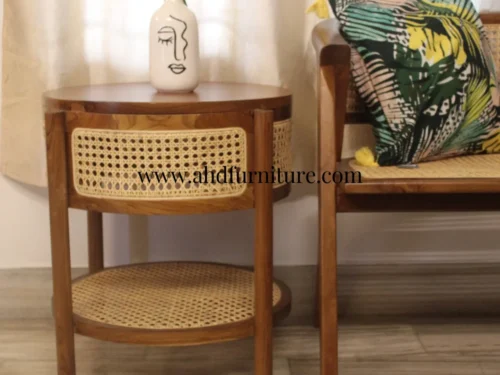 Drum Side Table With Cane Work In Imported Teak Wood