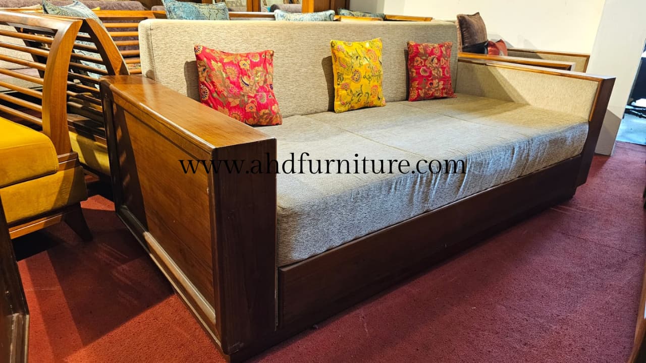 Pillow Type With Side Planks Sofa 3 Seater In Teak Wood