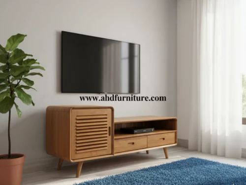 Contemporary wood media console with louvered texture and asymmetric storage compartments